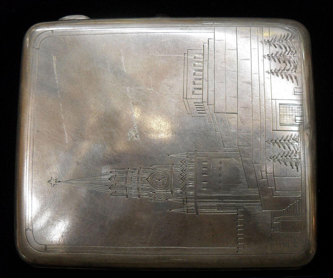 A RUSSIAN ANTIQUE SILVER CIGERATTE CASE: Russian silver cigarette case 84, 176gram, 3 3/8 x 4 in
