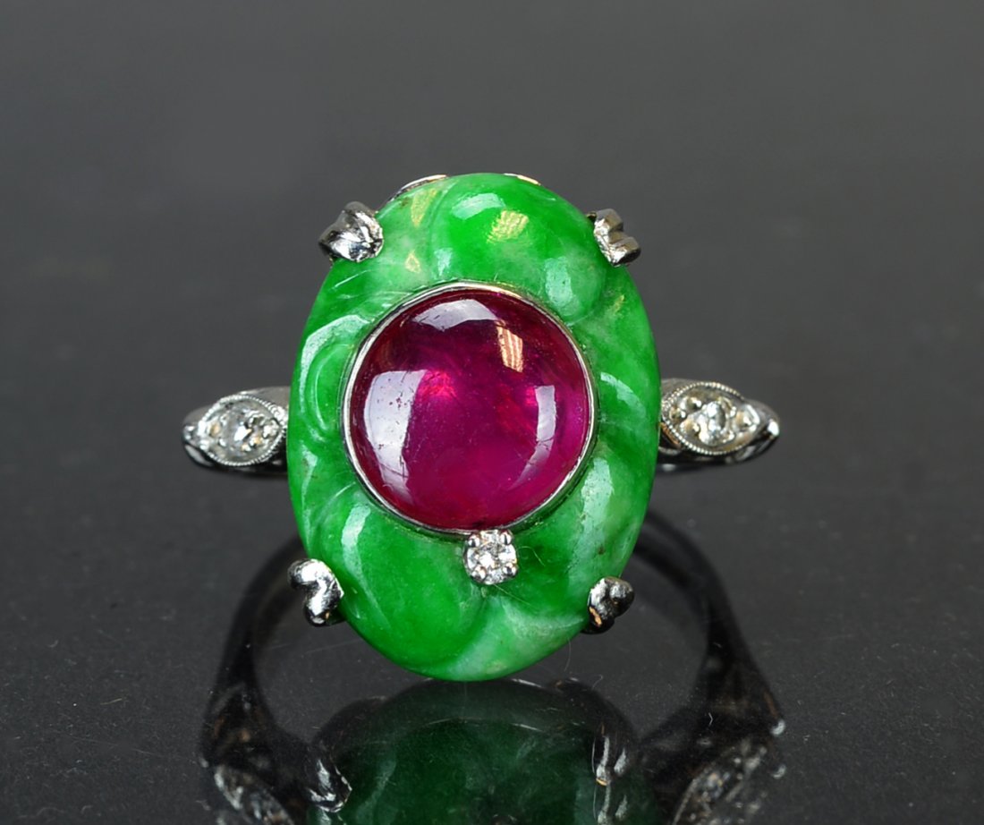 A 14k White Gold and Diamonds Jadeite Ring (1 of 6)