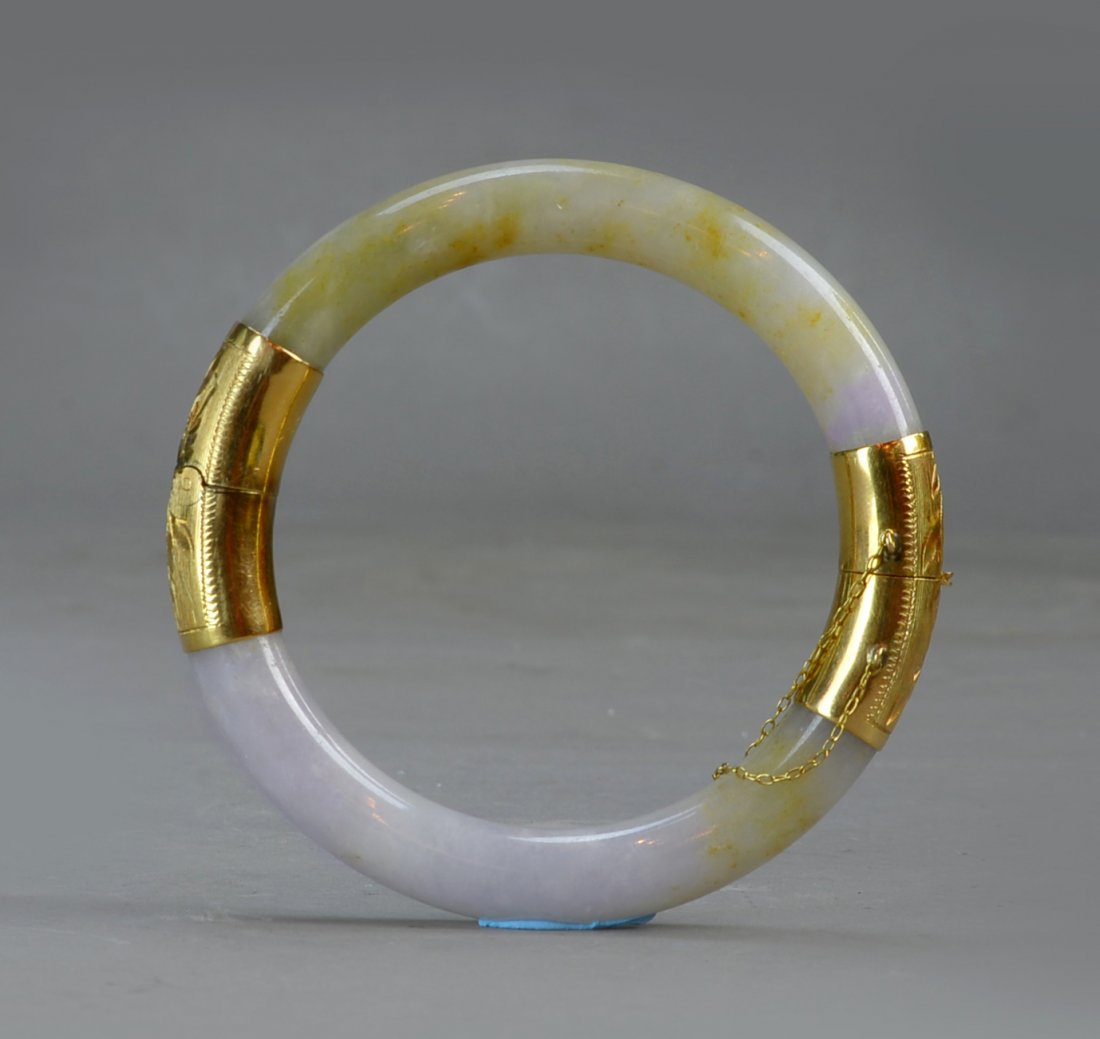 A Chinese Carved Jadeite Bangle Inlaid with 14K Gold (1 of 3)