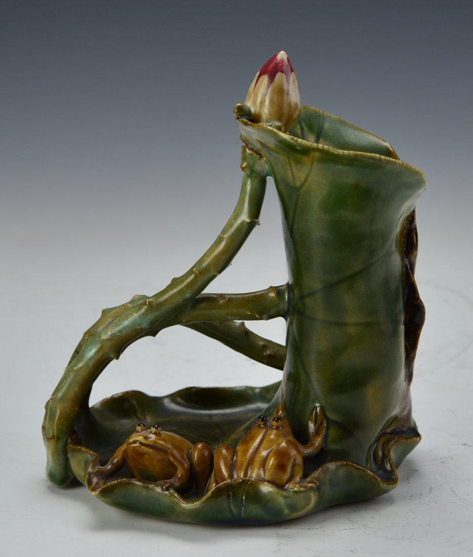 Chinese Frog Porcelain Pendant: China, green glazed lotus leaf with two brown glazed frogs sitting on it, H:7 1/4 : in