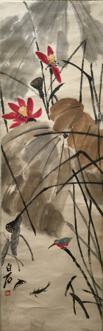 Chinese Scroll Painting Of Birds And Flowers: Chinese Scroll Painting Of Birds And Flowers, Signed Bai Shi; L: 42 in W: 13 in