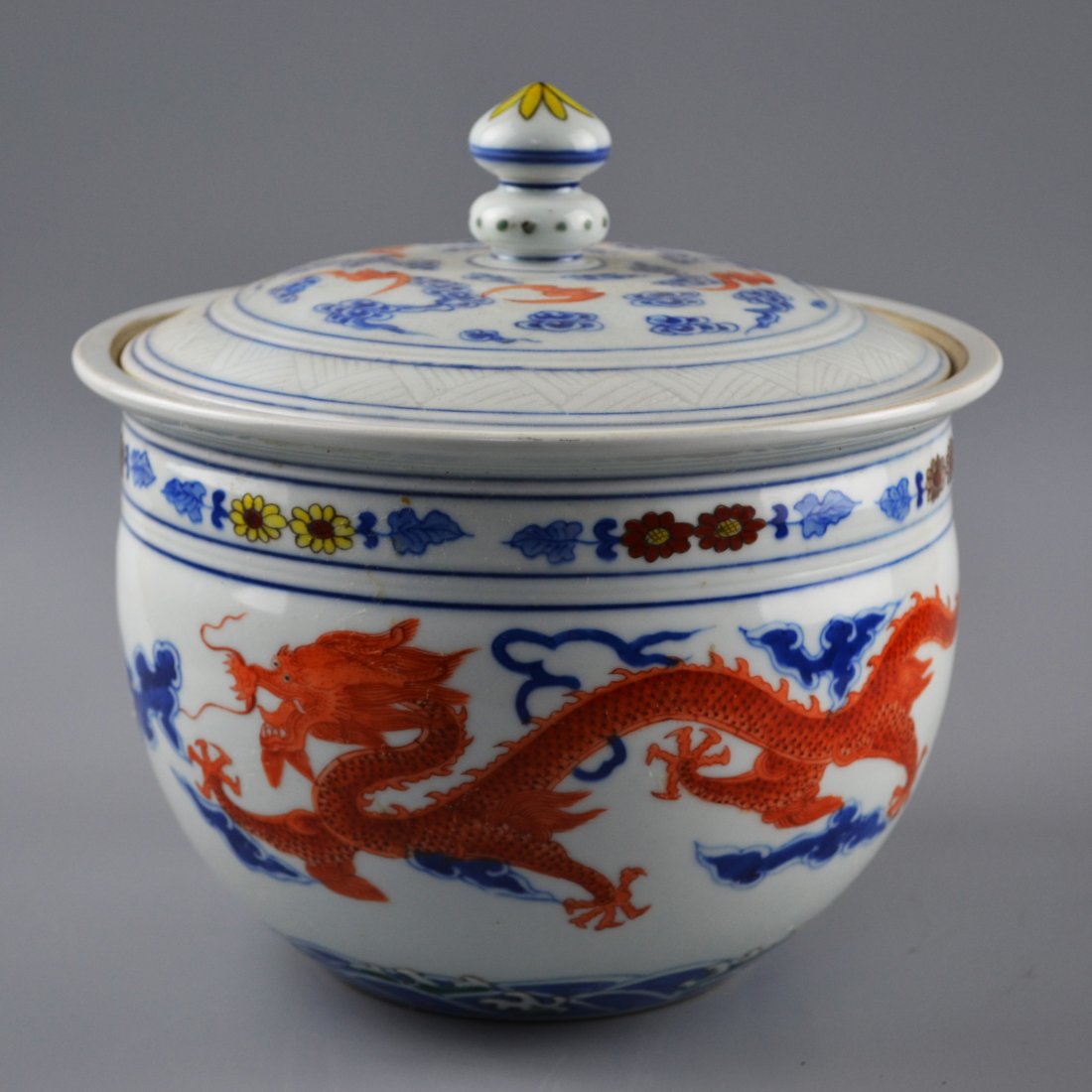 Chinese Blue and Red Jar: Chinese Blue and Red Jar, Kanxi mark; D: 7 7/8 in