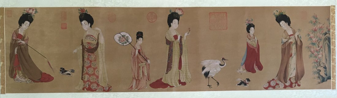 Zhou Fang, Women Figures: Chinese Ink and Color on paper with Seal Signed by Zhou Fang; H: 14 3/4 in W: 56 1/2 in