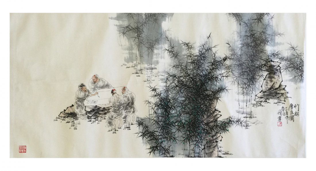 Wang Mingming (1952-), Bamboo and Figures: Chinese Ink and Color on paper seal and signed by Wang Ming Ming; H: 27 in W: 54 in