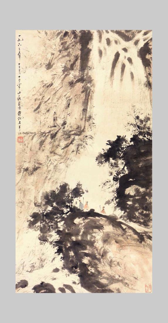 Fu Bao Shi, Landscape: Chinese ink and color on paper, seal and signed, scroll; L: 33 7/8 in W: 17 1/4 in