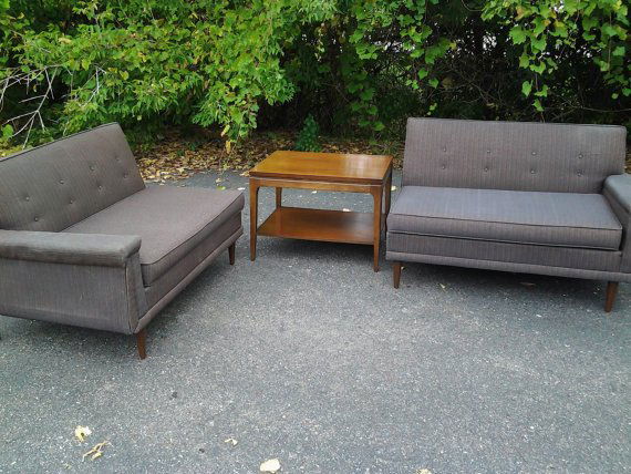 Kroehler mid century modern two part sofa settees MCM: Very rare vintage mid century modern Kroehler furniture Co. Galaxy line two part sectional sofa / settee set. A fabulous design featuring two parts that can be joined or divided. Solid turned walnut w