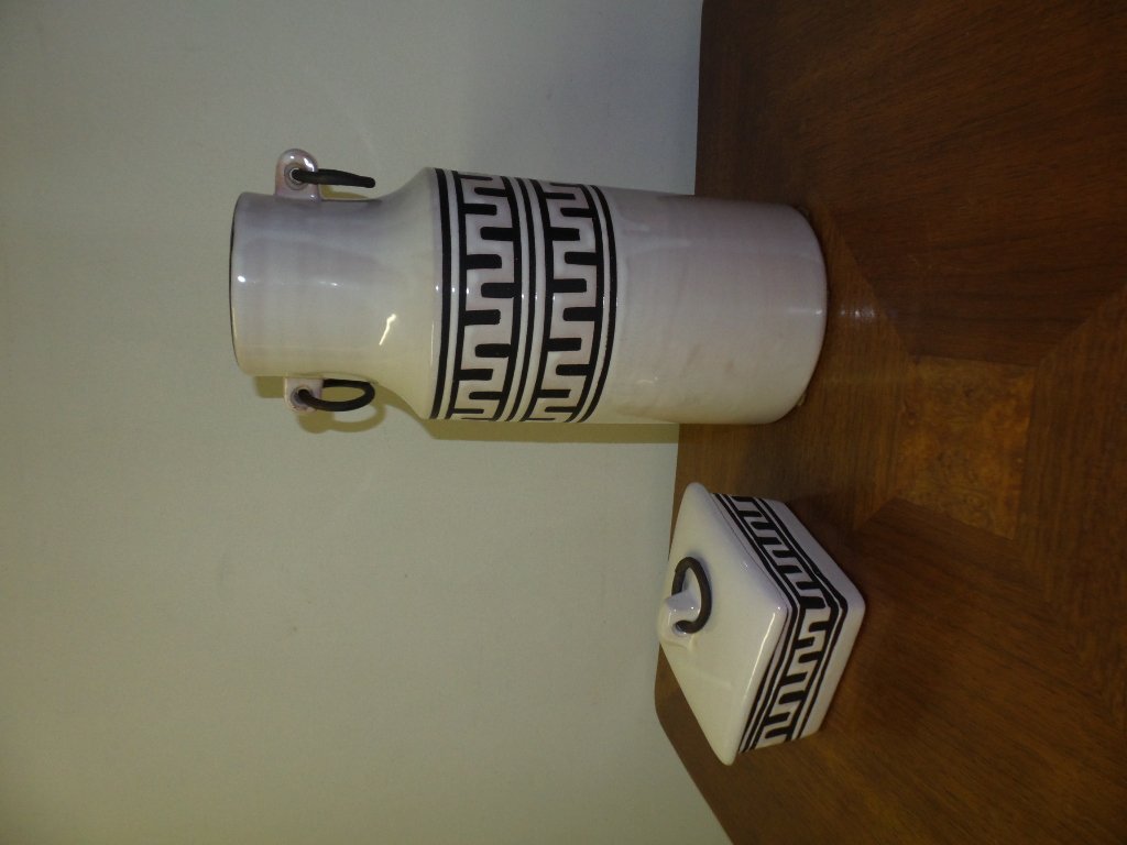 MCM Aldo Londi for Raymor large vase and covered box: MCM original Aldo Londi for Raymor white and black glazed ormolu mount ring handle vase with matching ormolu ring handle covered square shaped box. The large vase featuring heavy solid hand turned cer