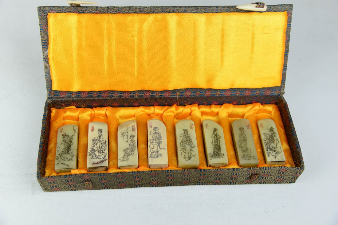 Eight Shou Shan Stone Seals Carved with Ladies: Shou Shan Stone Seals in well carved different lady figures, size 2 1/4"