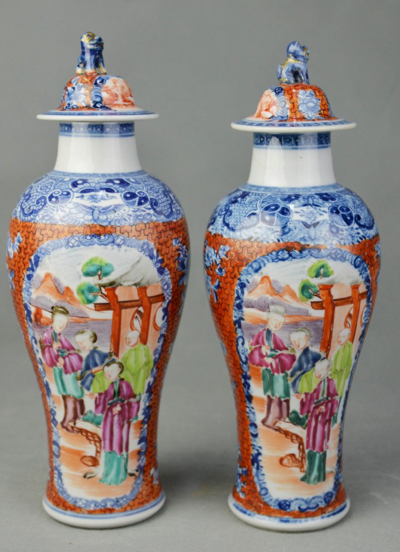 A Pair B & W with Famille Rose Hat-covered Jars, Qing (1 of 5)