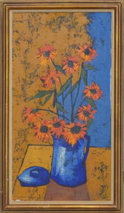 W. NEUFELD (1909-2002) Russian - Canadian - American: Woldemar NEUFELD (1909-2002) ; Floral still-life ; 2nd half of the 20th century ; oil on canvas / framed ; dimensions 77 x 41 cm (30 1/3 x 16 in.) ; frame size 86 x 50 cm (34 x 19 2/3 in.) ; signed lo