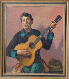 Arthur HAZARD (1872-1930) French - American: Arthur Merton HAZARD (1872-1930) ; The guitar player ; 1925 ; oil on canvas / framed ; dimensions 107 x 90 cm (42 x 35 1/2 in.) ; signed lower right corner, artists inscriptions on verso ; Shipping to