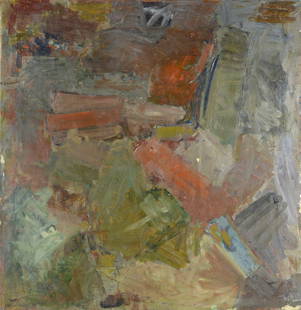 UNKNOWN Israeli (?) Abstract painting: Unknown artist, probably Israeli ; Abstract ; dated 1963 ; oil on canvas / unstretched ; dimensions 82 cm square (32 x 32 in.) ; illegibly signed lower left ; Shipping to USA - DHL $160 , National pos