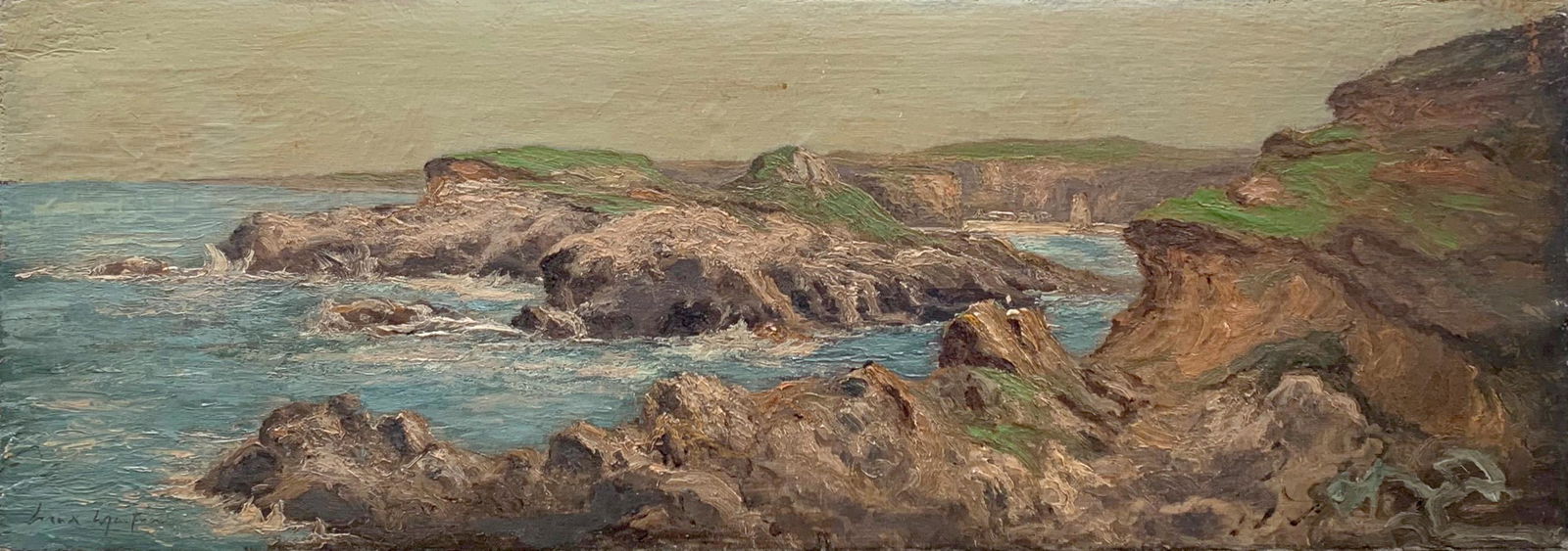 Maxime MAUFRA (1861-1918) Important French artist: Maxime MAUFRA (1861-1918) ; Bretagne coast ; oil on canvas stretched on wood panel / unframed ; dimensions 32 x 91 cm (13 x 36 in.) ; signed lower left corner ; Shipping to USA - DHL $320 , National p