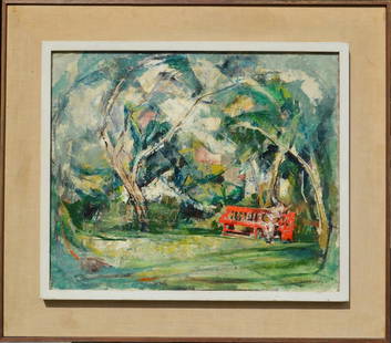 William MEYEROWITZ (1887-1981) American: William MEYEROWITZ (1887 -1981) ; Guitarist on the red bench ; mid 20th century ; oil on canvas / framed ; dimensions 51 x 61 cm (20 x 24 in.) ; frame size 72,5 x 82,5 cm (28 1/2 x 32 1/2 in.) ; signe