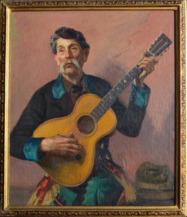 Arthur HAZARD (1872-1930) French - American: Arthur Merton HAZARD (1872-1930) ; The guitar player ; 1925 ; oil on canvas / framed ; dimensions 107 x 90 cm (42 x 35 1/2 in.) ; signed lower right corner, artists inscriptions on verso ; Shipping