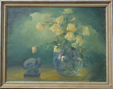 Arnold HOFFMANN 1886-1966 Russian - Ukrainian - American: Arnold HOFFMANN (1886 Odessa, Ukraine - 1966 New York, US) ; Floral still-life with porcelain figure ; 1934 ; oil on canvas / framed ; dimensions 77 x 102 cm (30 1/3 x 40 in.) ; frame size 95 x 120