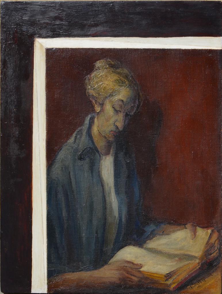Arnold HOFFMANN (1886-1966) Russian - American: Arnold HOFFMANN (1886 Odessa, Ukraine - 1966 New York, US) ; Woman with a book ; 1946 ; oil on canvas (artists media, wood/relief) ; dimensions 94 x 70 cm (37 x 27 1/2 in.) ; depth 6 cm (2 1/3 in.) ;