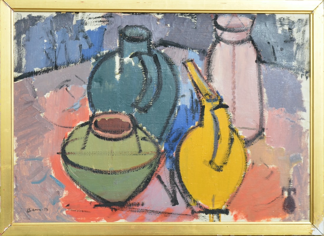 Ben BENN (1884-1983) Russian Ukrainian American: Ben BENN (1884-1983) ; Still life with dishes ; 1958 ; oil on cardboard / framed ; dimensions 50 x 70 cm (19 2/3 x 27 1/2 in.) ; frame size 54 x 74 cm (21 1/4 x 29 1/4 in.) ; signed and dated lower le