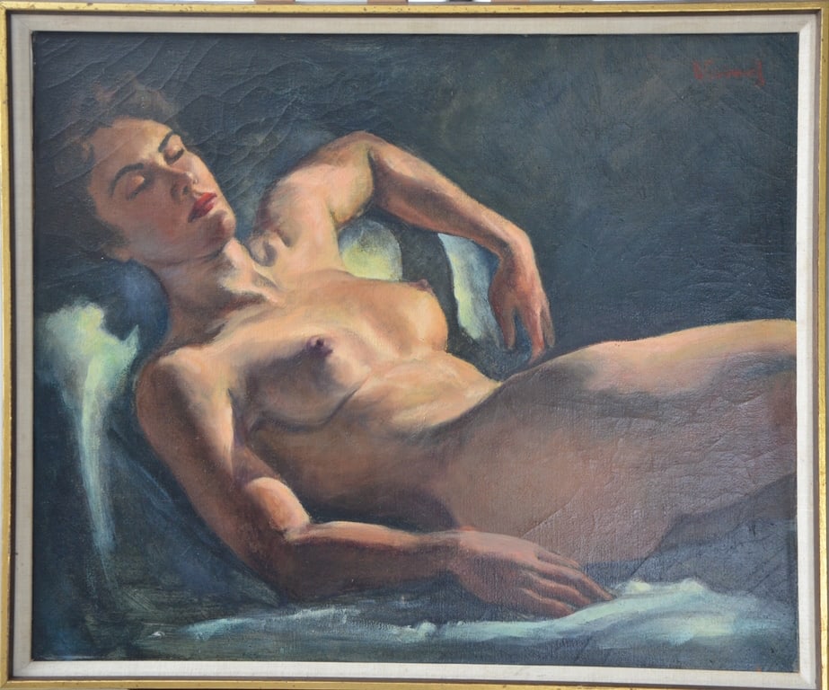 Boris SMIRNOFF (1895-1976) Ukrainian - Russian - French: Boris SMIRNOFF (1895 Kharkov, Ukraine - 1976 French) ; Nude ; 2nd quarter of the 20th century ; oil on canvas / framed ; dimensions 66 x 77 cm (26 x 30 1/3 in.) ; signed upper right corner ; Shipping 