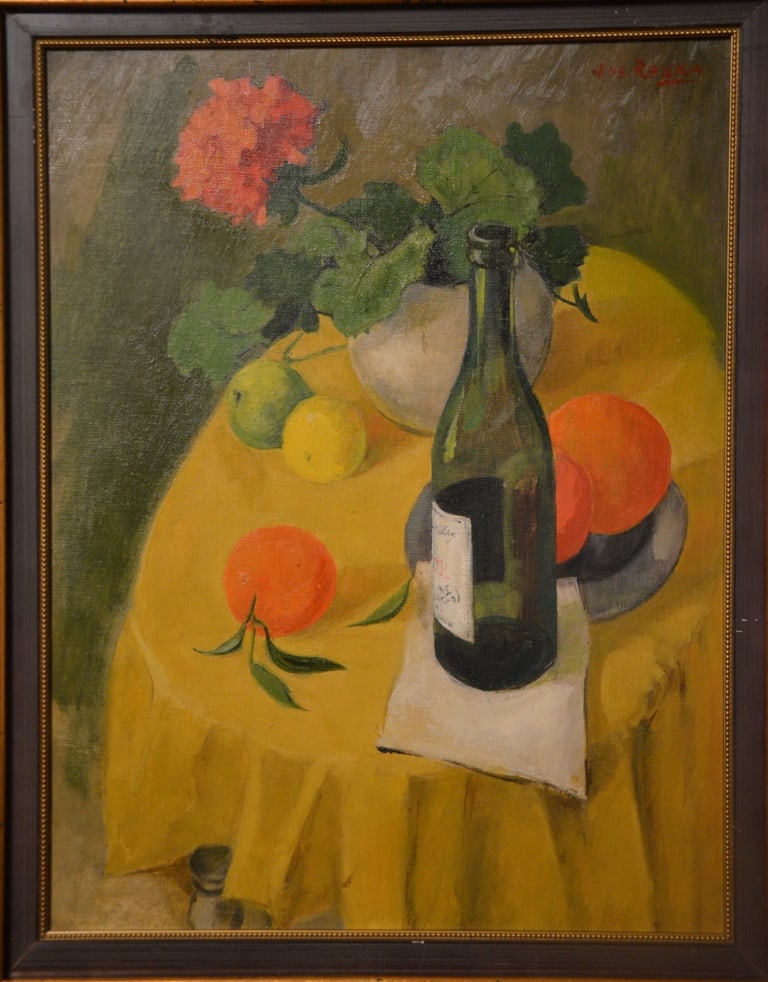 Joseph RASKIN (1897-1981) Ukrainian - Russian - American: Joseph RASKIN (1897 Zaporozhye, Ukraine -1981 New York, USA) ; Still-life ; mid 20th century ; canvas on cardboard, oil / framed ; dimensions 46 x 36 cm (18 1/8 x 14 1/8 in.) ; signed upper right corn