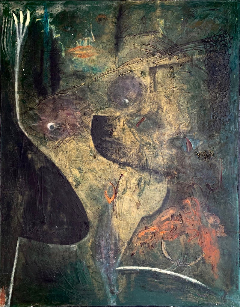 ILLEGIBLY signed, painting of prehistoric times