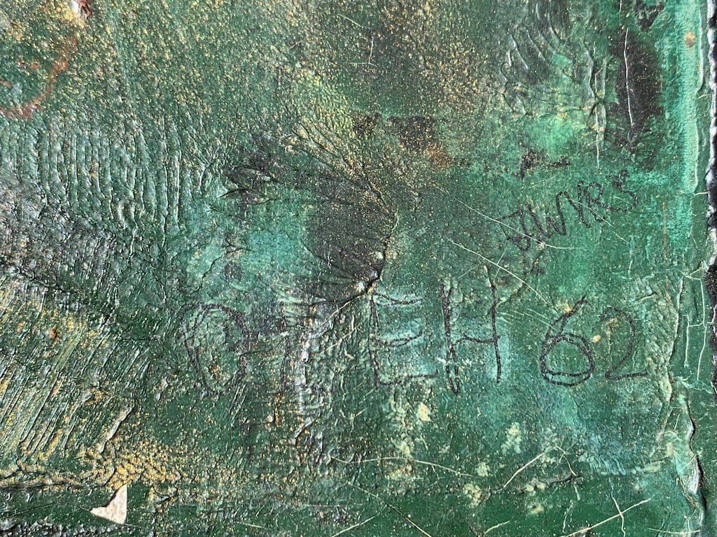 ILLEGIBLY signed, painting of prehistoric times