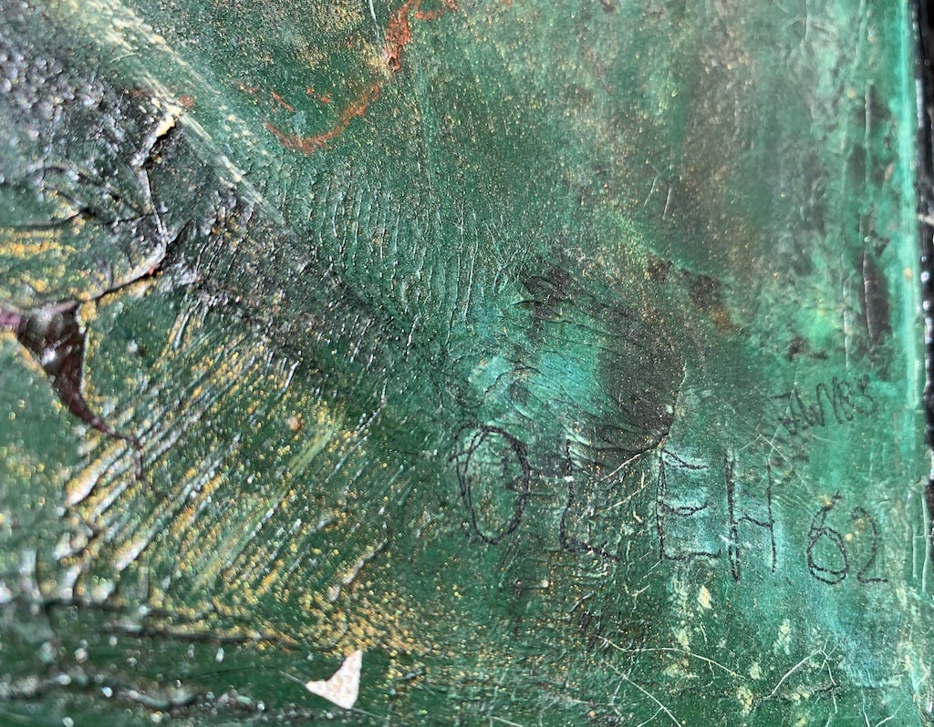 ILLEGIBLY signed, painting of prehistoric times
