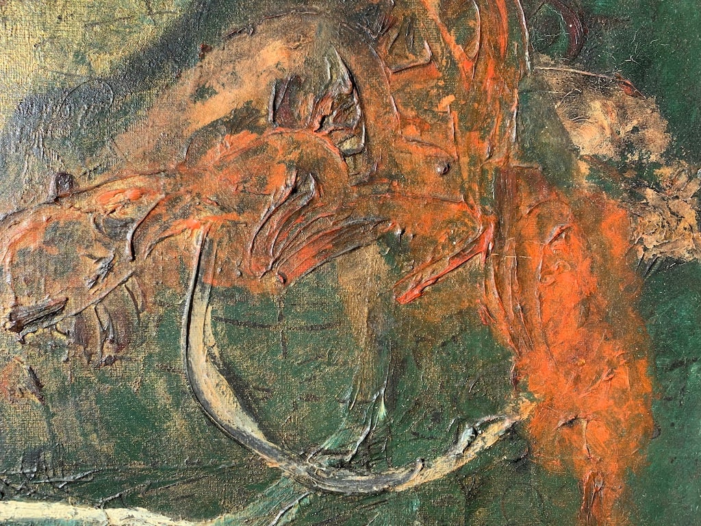 ILLEGIBLY signed, painting of prehistoric times
