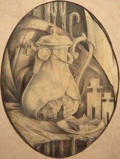Mikhail Ivanovitch KURILKO (1880-1969) Russian: Mikhail Ivanovitch KURILKO (1880-1969) ; Surrealistic still life ; 1st third of the 20th century ; ink on paper ; framed ; dimensions 29 x 18 cm (11 1/2 x 7 in.) ; signed lower right ; Shipping to USA
