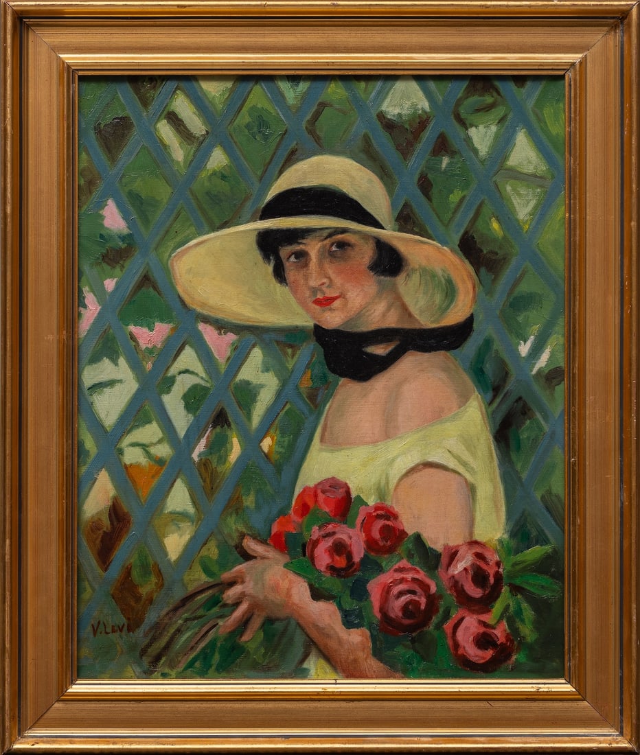 Vasili Levi (1878-1954) Ukrainian - Swedish: Vasili Filippovich Levi (1878-1954) ; Portrait of a young girl in a hat ; 1930-39 ; oil on canvas ; / framed ; dimensions 41 x 34 cm (16 1/2 x 13 1/3 in.) ; frame size 50 x 42 cm (19 2/3 x 16 1/2 in.)