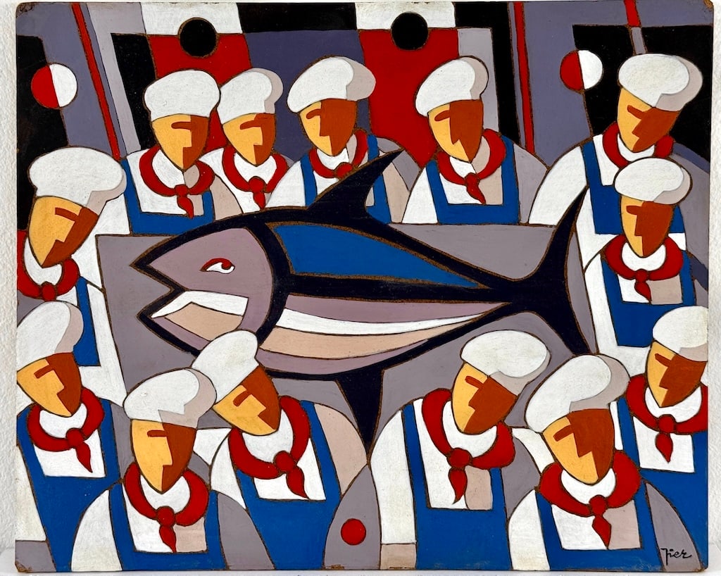 PIER (1950-2019) French: Pierre LABADIE (1950-2019) ; Tuna butchering ; oil on isorel / unframed ; dimensions 23 x 27,5 cm (9 x 11 in.) ; signed lower right corner ; Shipping to USA - DHL €140 , National post with tracki