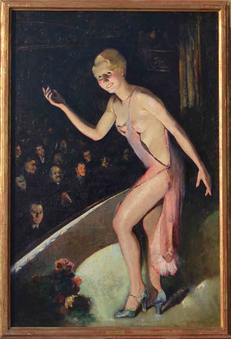 Harry James OSHIVER (1888-1974) Russian - American: Harry James OSHIVER (1888 Moscow - 1974 Philadelphia) ; Burlesgue. The strip dancer ; 1934 ; oil on canvas / framed ; dimensions 154,5 x 102 cm (61 x 40 in.) ; frame size 161,5 x 111 cm (63 2/3 x 43 3