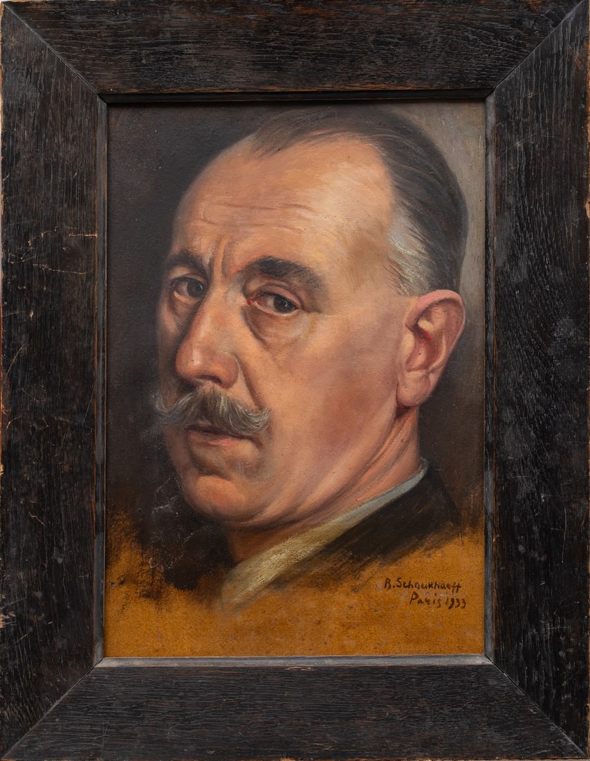 Vasili Shukhaev (1887-1973) Russian - French - Georgian: Basil Ivanovich SHUKAEV, Vassily Ivanovitch SHOUKHAIEV, Wassilij Iwanowitsch SCHUCHAJEFF ; Portrait of unknown man ; 1933, Paris ; oil on cardboard / framed ; dimensions 34 x 24 cm (13 1/3 x 9 1/2 in.