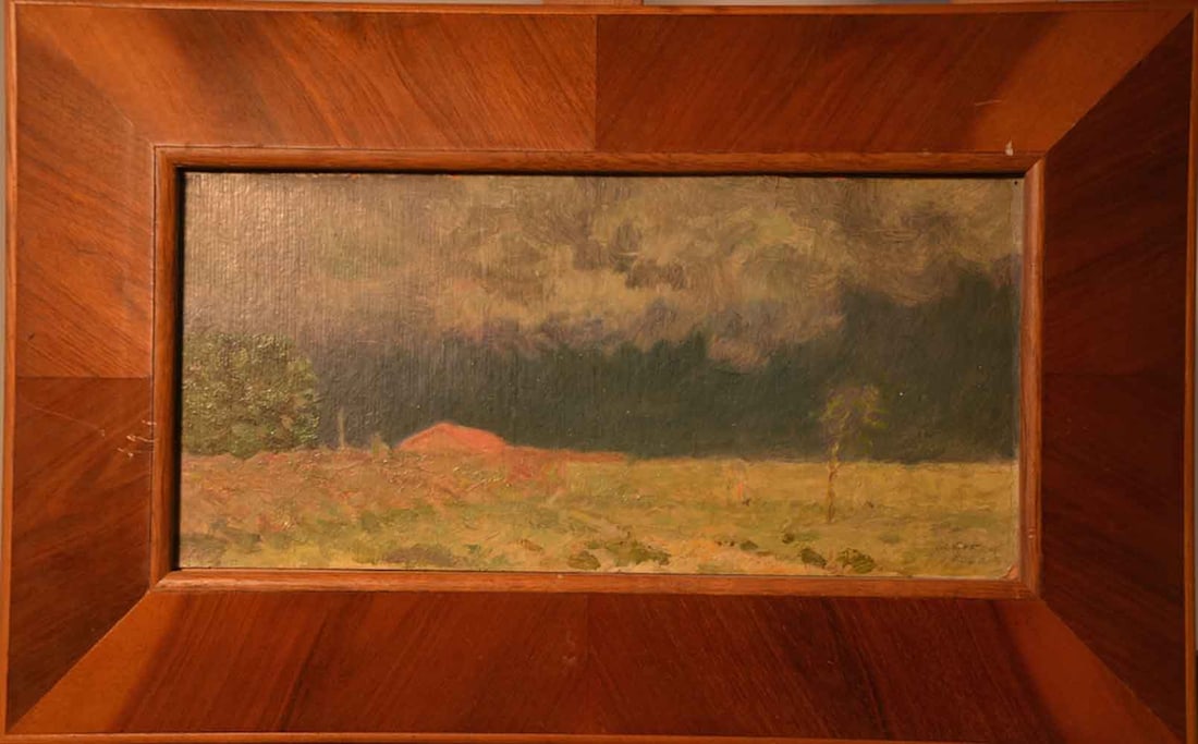 Alexei KOKEL (1880-1956) Ukrainian - Russian - Chuvashia: Alexei KOKEL (1880-1956) ; Landscape ; 1950 ; oil on cardboard ; framed ; dimensions 17 x 35 cm (6 2/3 x 13 3/4 in.) ; signed and dated lower right ; Shipping to USA - DHL $160 , National post with tr