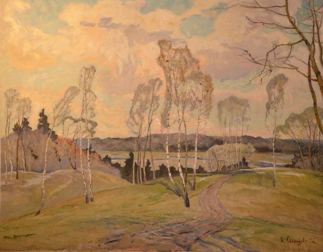 Ivan SELISHEV (1928-2011) Russian - Ukrainian: Ivan Petrovitch Selishev (1928 Orel, Russia - 2011 Kharkov, Ukraine) ; The spring ; 1974 ; oil on canvas / unframed ; dimensions 140 x 180 cm (55 x 70 3/4 in.) ; signed & dated lower right corner ; Pl