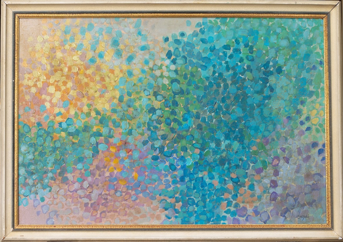 James Hiroshi Suzuki (1933-2022) Japanese - American: James Hiroshi Suzuki (1933-2022) ; Abstract, 1956 ; oil on canvas / framed ; dimensions 43 x 64 cm (17 x 25 in.) ; frame size 50 x 70 cm (19 2/3 x 27 1/2 in.) ; signed lower right corner and on verso