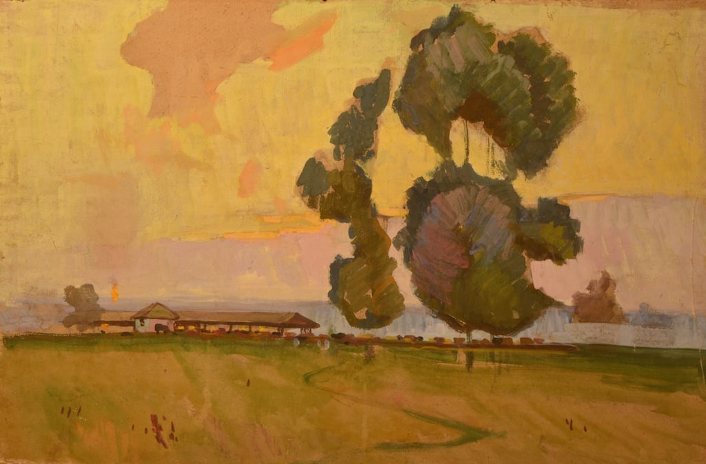 Grigoriy MARINICHENKO (1928-2006) Russian - Ukrainian: Grigoriy Andreevich MARINICHENKO (1928-2006) ; Landscape ; 3rd quarter of the 20th century ; tempera on cardboard / unframed ; dimensions 46 x 70 cm (18 1/4 x 27 1/2 in.) ; Shipping to USA - DHL $250