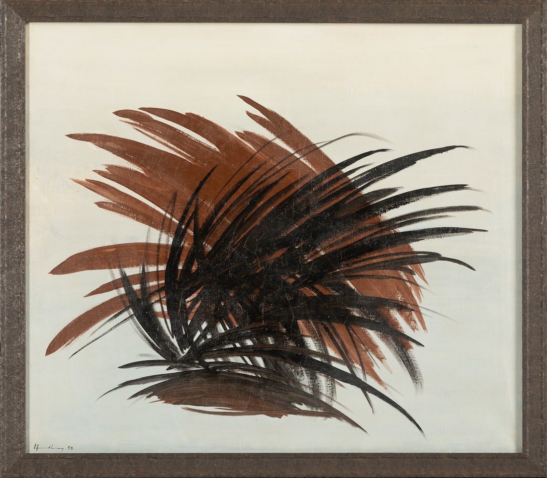 Hans HARTUNG (1904-1989) Germany - French: Hans HARTUNG (1904-1989) ; T1958-20 ; 1958 ; oil on canvas / framed ; dimensions 69,8 x 80,5 cm (27 1/2 x 31 2/3 in.) ; frame size 77 x 87 cm (30 1/3 x 34 1/4 in.) ; signed and dated lower left corner