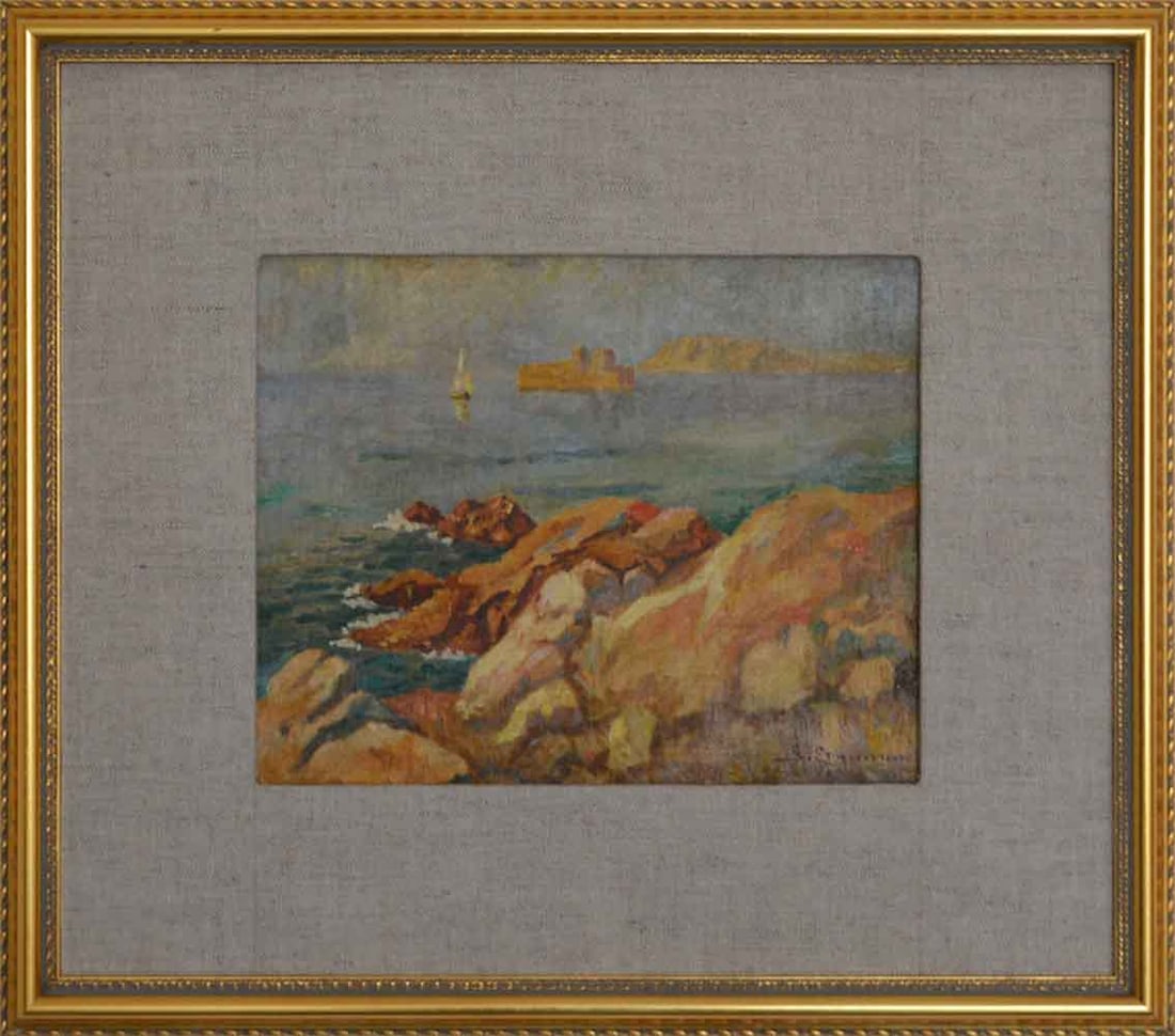S. ERGANIAN (1870-1950) Armenian / Turkish - American: Sarkis ERGANIAN (1870-1950) ; Seaside ; 1st third of the 20th century ; oil on wood / framed with glass ; dimensions 22 x 27 cm (8 2/3 x 10 2/3 in.) ; frae size 43,5 x 49,5 cm (17 x 19 1/2 in.) ; sign
