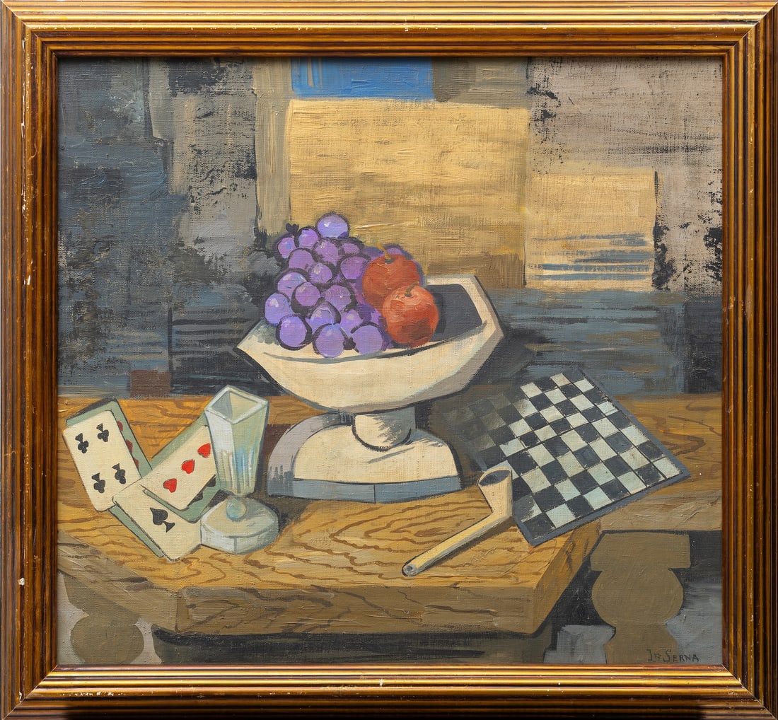 Ismael De La Serna (1898-1968) Spanish - French: Ismael De La Serna (1898-1968) ; Cubistic still-life ; c.1920-40s ; oil on canvas / framed ; dimensions 56 x 61 cm (22 x 24 in.) ; frame size 63 x 68 cm (24 3/4 x 26 3/4 in.) ; signed lower right corn
