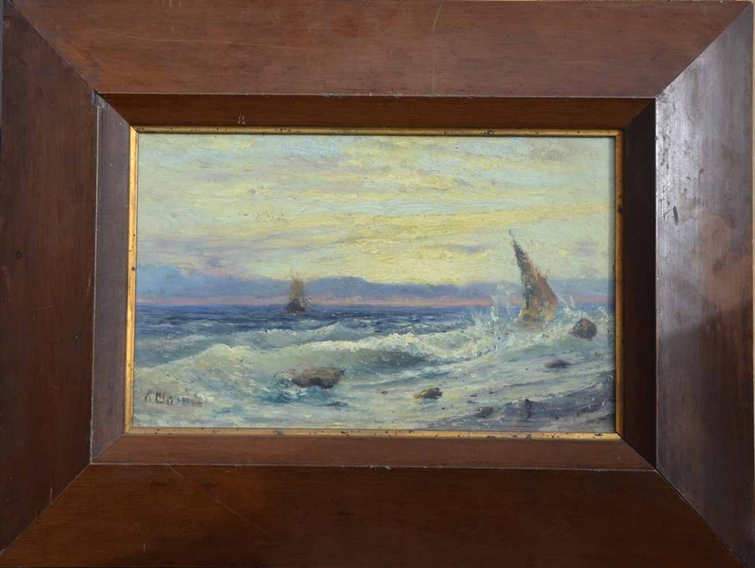 Egor SCHREIDER (1844-1922) Russian - Ukrainian: Egor SCHREIDER (1844-1922) ; Seascape ; end of the 19th - early 20th century ; oil on cardboard / framed ; dimensions 21 x 33 cm (8 1/4 x 13 in.) ; signed lower left corner ; Shipping to USA - DHL $25