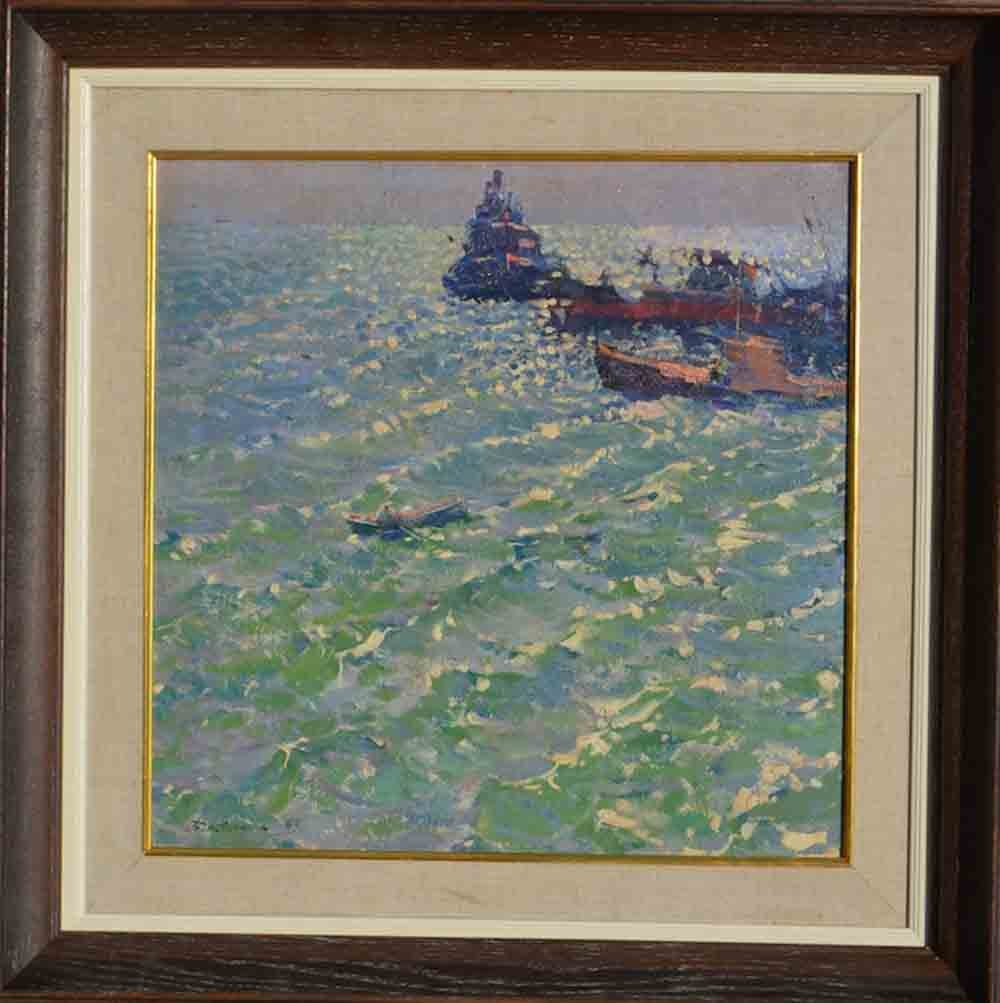 Boris KOLESNIK (1927-1992) Russian - Ukrainian: Boris KOLESNIK (1927-1992) ; Seascape ; 1963 ; oil on cardboard / framed ; dimensions 50 x 50 cm (19 2/3 x 19 2/3 in.) ; frame size 69 x 69 cm (27 x 27 in.) ; signed & dated lower left corner ; artist
