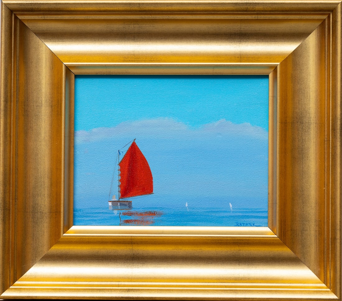 Robert STARK (1933-2014) American: Robert W. Stark, Jr. (1933 - 2014) Massachusetts ; Red sailboat ; c.1990s ; oil on canvas / framed ; dimensions 25,5 x 37,5 cm (10 x 14 in.) ; frame size 42 x 51,5 cm (16 1/2 x 20 1/4 in.) ; signed lo