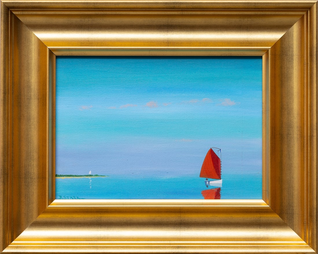 Robert STARK (1933-2014) American: Robert W. Stark, Jr. (1933 - 2014) Massachusetts ; Red sailboat ; c.1990s ; oil on canvas / framed ; dimensions 25,5 x 37,5 cm (10 x 14 in.) ; frame size 42 x 51,5 cm (16 1/2 x 20 1/4 in.) ; signed lo