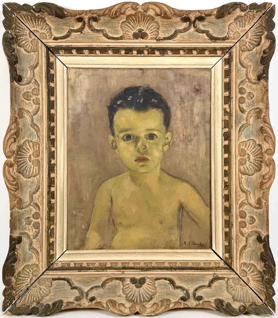 Nicolai CIKOVSKY (1894-1984) Russian - American: Nicolai CIKOVSKY (1894-1984) ; Portrait of a boy ; mid 20th century ; oil on canvas / framed ; dimensions 41 x 33 cm (16 x 13 in.) ; frame size 64 x 56 cm (25 x 22 in.) ; signed lower right corner ; S