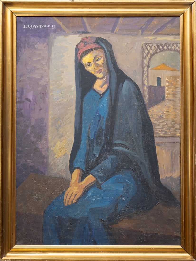 Inji EFFLATOUN (1924-1989) Egypt - France: Inji EFFLATOUN (1924-1989) ; oil on canvas / 1953 ; dimensions 96,5 x 69 cm (37 3/4 x 27 1/8 in.) ; frame size 107 x 79,5 cm (42 1/2 x 31 1/3 in.) ; signed and dated top left ; Shipping to USA - DHL &