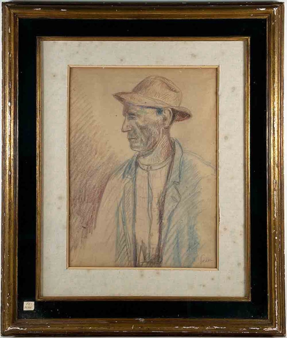 Adolphe FEDER (1886-1943) Ukrainian / Jewish - French: Adolphe FEDER (1886-1943) ; Male portrait ; colored pencils on paper / framed ; dimensions 38 x 28 cm (15 x 11 in.) ; frame size 62 x 52 cm (24 1/2 x 20 1/2 in.) ; signed lower right corner ; Shipping