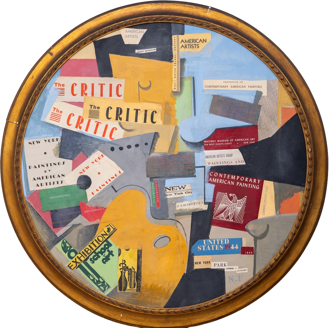 Suzy Frelinghuysen (1911-1988) American: Suzy Frelinghuysen (aka Estelle Condid Frelinghuysen) USA ; Exhibition ; 1945 ; mixed media (applique, tempera), collage on canvas / framed ; dia 76 cm (30 in.) ; frame dia 86 cm (34 in.) ; signed low