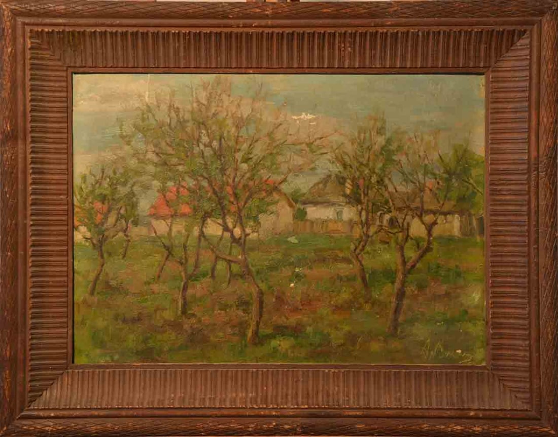 Kokel Alexei (1880-1956) Ukraine - Russia - Bashkiria: Kokel Alexei (1880-1956) ; Landscape ; early 20th century ; oil on cardboard ; framed ; dimensions 34 x 47 cm (13 1/3 x 18 1/2 in.) ; signed lower right ; Shipping to USA: DHL - $160 , National post w