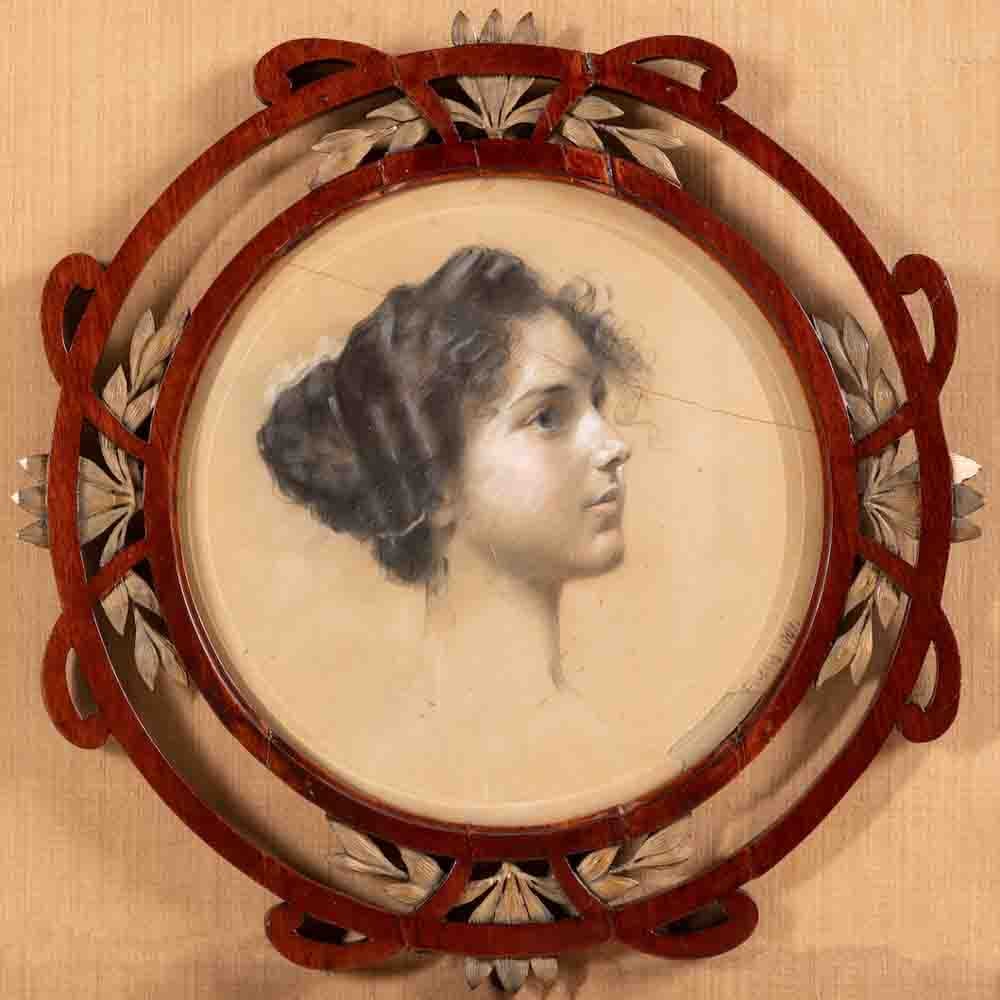 Rudolf Fuchs (1868-1918) Austrian: Rudolf Fuchs (1868-1918) ; Portrait of a girl ; 1901 ; pastel on paper mounted to cardboard / original Art Nouveau framed ; total dia 61 cm (24 in.) ; signed and dated lower left ; Shipping to USA - D